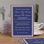 Invitación a la boda clásica rosa Rubor azul de la<br><div class="desc">Un marco rosa rubor con texto de color similar sobre un fondo azul marino. Todo listo para que introduzca los detalles de su boda. ¡Enhorabuena!</div>
