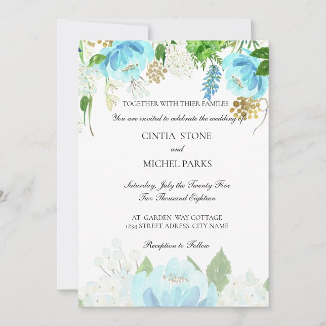 Invitación a la boda con acuarela azul cielo (Anverso)