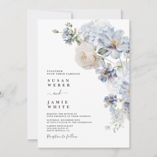 Invitación a la boda con Blue Floral (Anverso)