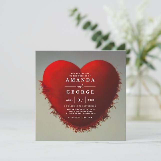 Invitación a la boda con corazón rojo (Anverso de pie)