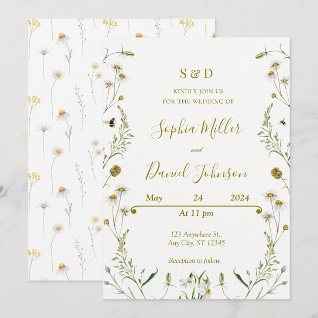 Invitación a la boda con daisies - Floral elegante (Anverso / Reverso)