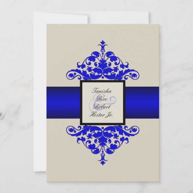 Invitación a la boda con damasco azul y negro de m (Anverso)