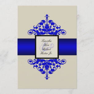 Invitación a la boda con damasco azul y negro de m