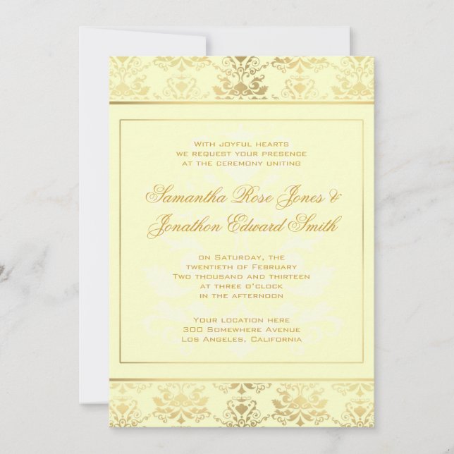 Invitación a la boda con damasco de marfil y oro (Anverso)