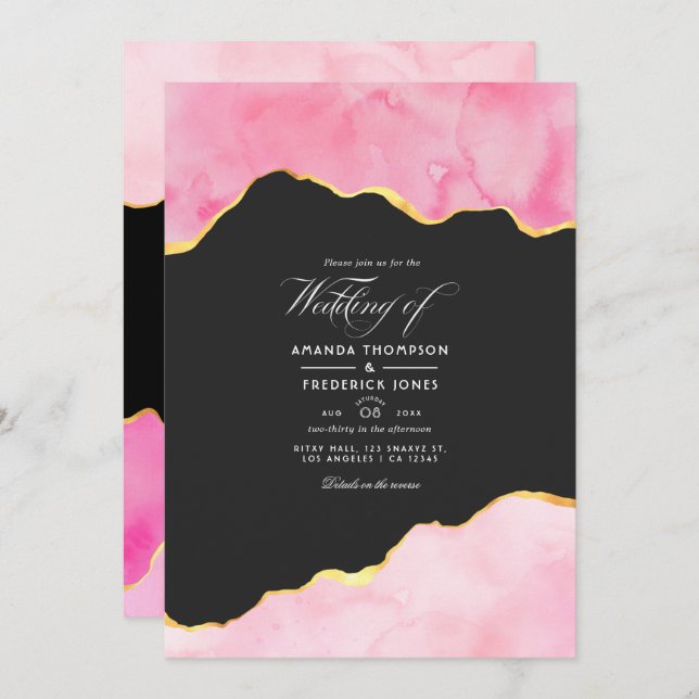Invitación a la boda con el Agate Rosado y Oro (Anverso / Reverso)