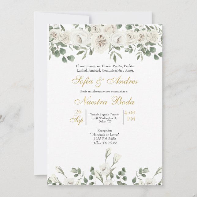 Invitación a la boda con el bouquet de rosa blanco (Anverso)