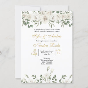 Invitación a la boda con el bouquet de rosa blanco