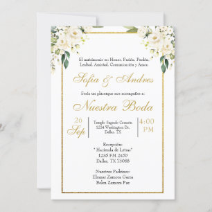 Invitación a la boda con el bouquet de rosa blanco
