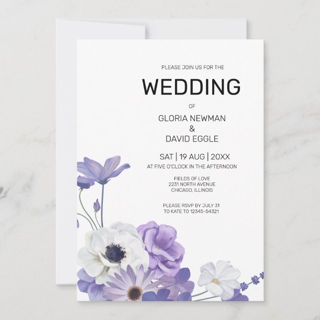 Invitación a la boda con elegancia floral púrpura (Anverso)