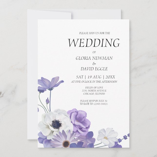 Invitación a la boda con elegancia floral púrpura (Anverso)