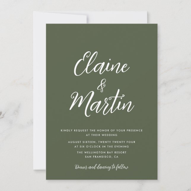 invitación a la boda con escritura blanca verde ol (Anverso)