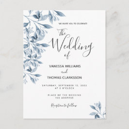 Invitación a la boda con escritura botánica azul