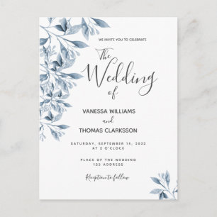 Invitación a la boda con escritura botánica azul