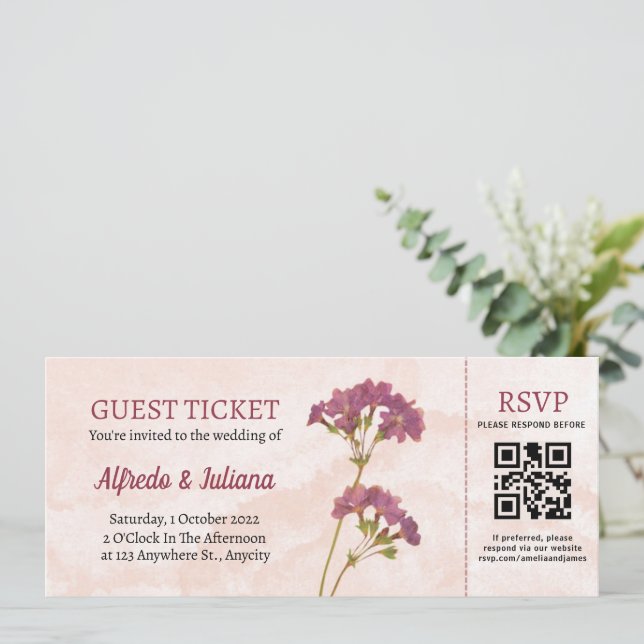 Invitación a la boda con estilo de boleto con códi (Anverso de pie)