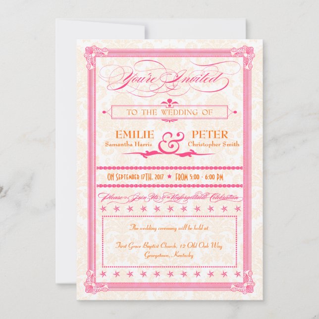 Invitación a la boda con estilo Poster rosa y Nara (Anverso)