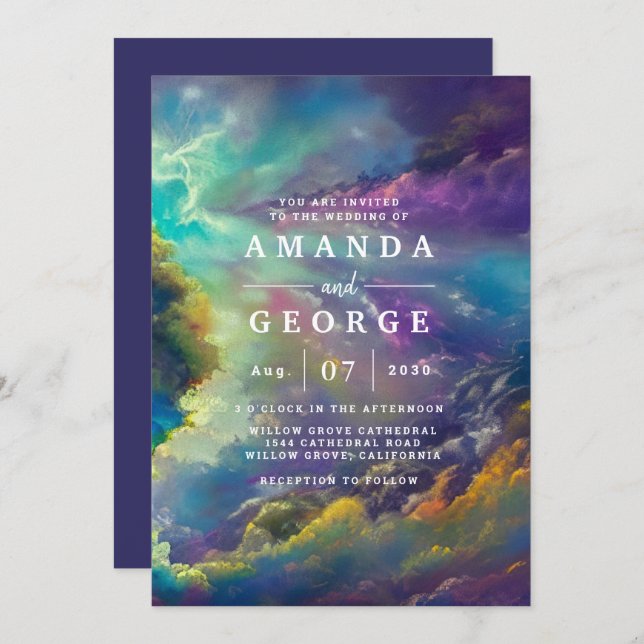 Invitación a la boda con fabulosas nubes moradas (Anverso / Reverso)