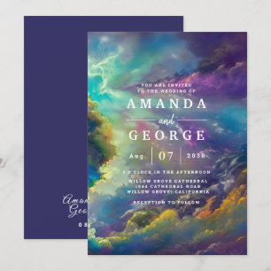 Invitación a la boda con fabulosas nubes moradas