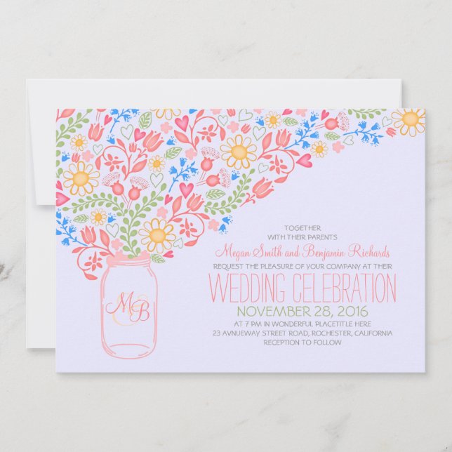 invitación a la boda con flores creativas de tarro (Anverso)