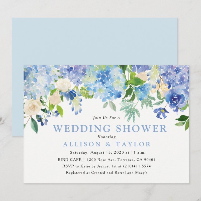 Invitación a la boda con flores de acuarela azules (Anverso / Reverso)