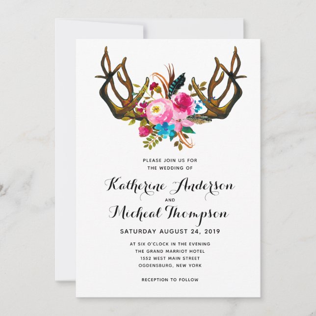 Invitación a la boda con flores de Deer Antler (Anverso)
