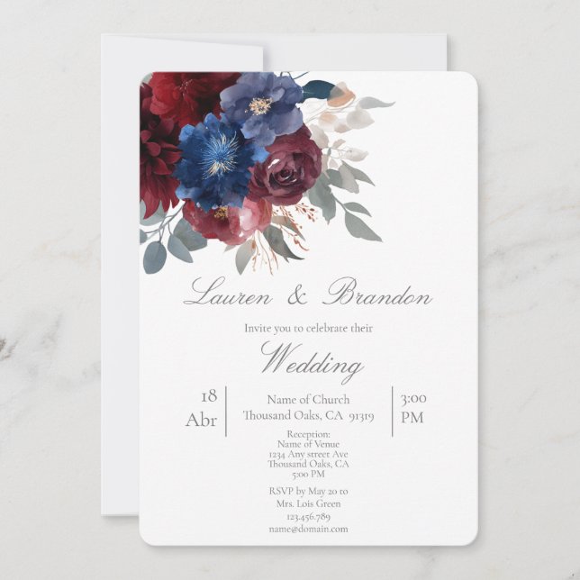 Invitación a la boda con flores de jewel (Anverso)