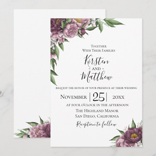 Invitación a la boda con flores de malva (Anverso / Reverso)