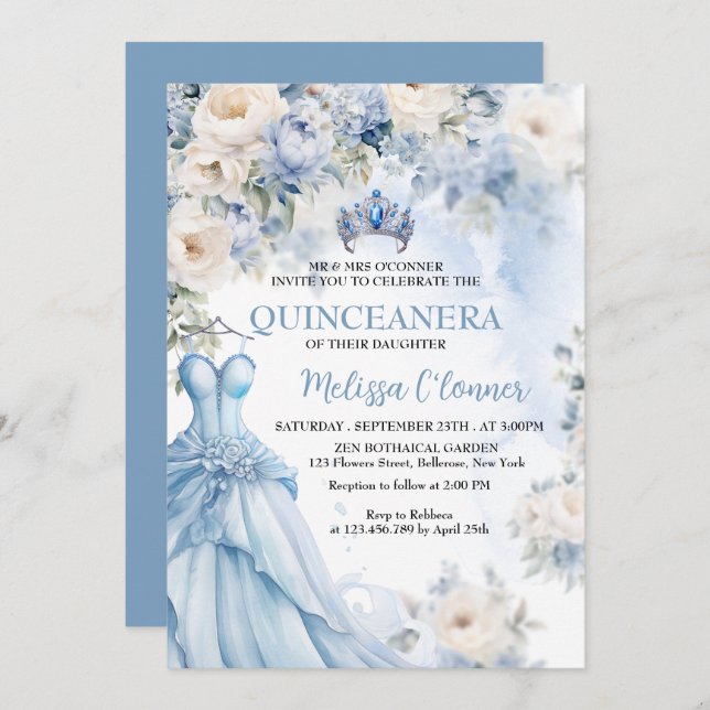 Invitación a la boda con flores de marfil azul y t (Anverso / Reverso)