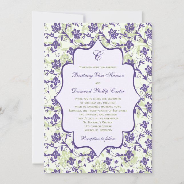 Invitación a la boda con flores de marfil verde pú (Anverso)