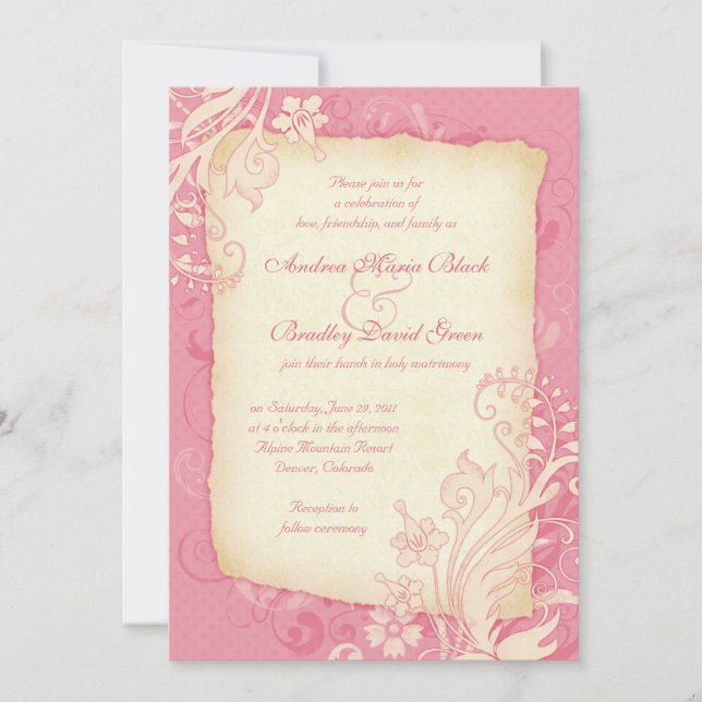 Invitación a la boda con flores de marfil y rosado (Anverso)