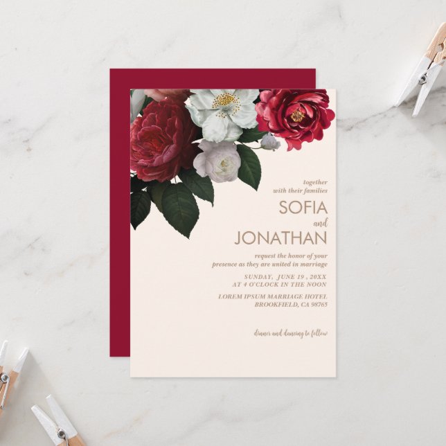 Invitación a la boda con flores de marrón de marfi (Anverso/Reverso In Situ)
