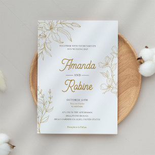 Invitación a la boda con flores de oro