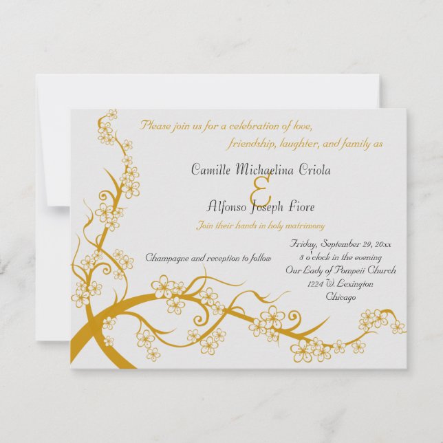 Invitación a la boda con flores de oro (Anverso)