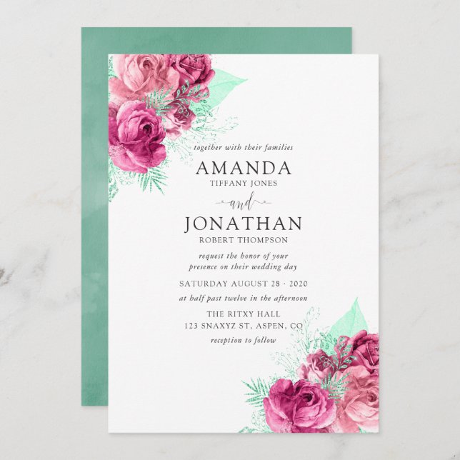 Invitación a la boda con flores de rosa y de menta (Anverso / Reverso)
