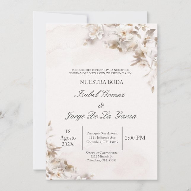 Invitación a la boda con flores en español (Anverso)