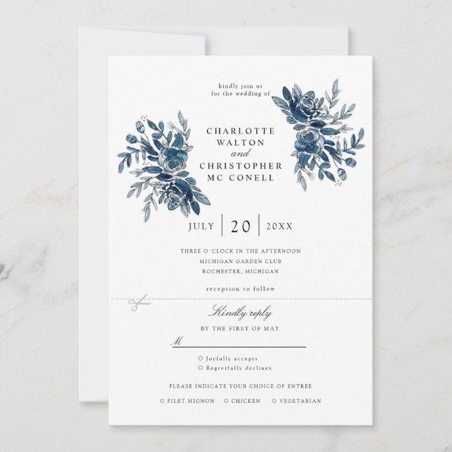 invitación a la boda con flores índigo con rsvp ad (Anverso)