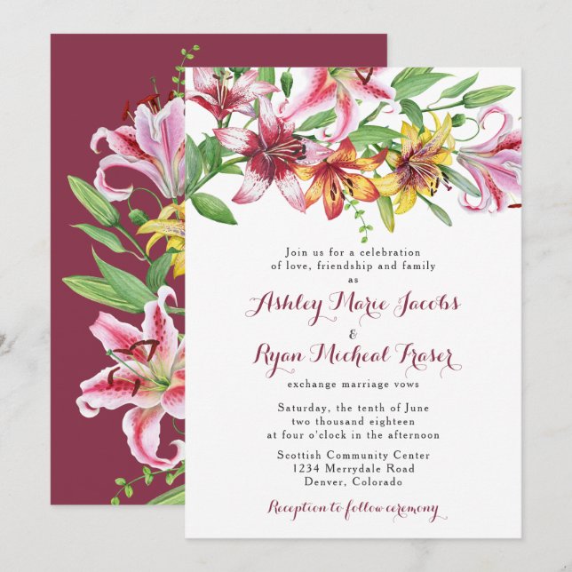 Invitación a la boda con flores lirio (Anverso / Reverso)