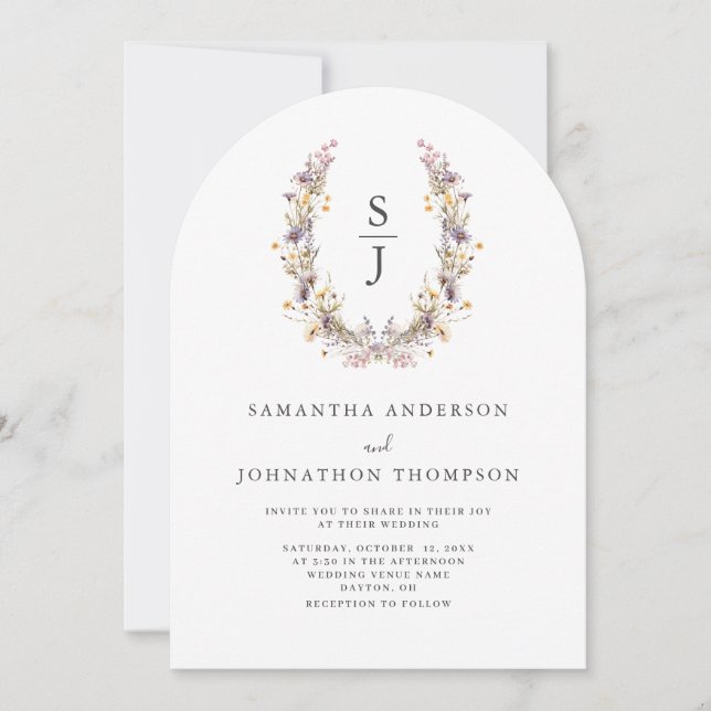 Invitación a la boda con flores moradas (Anverso)