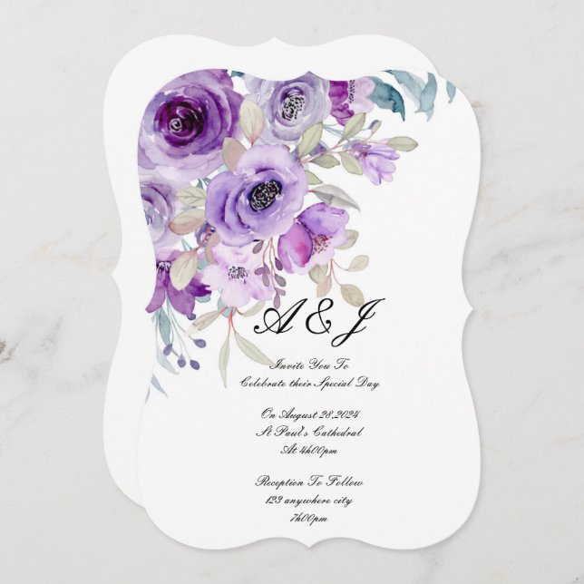 invitación a la boda con flores moradas (Anverso / Reverso)