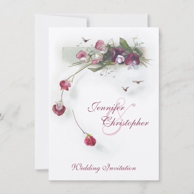 Invitación a la boda con flores moradas rosas (Anverso)