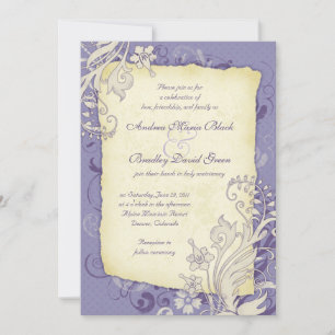 Invitación a la boda con flores morado y marfil