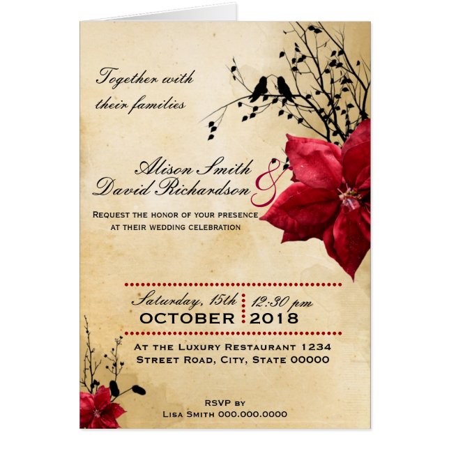 Invitación a la boda con flores rojas (Frente)