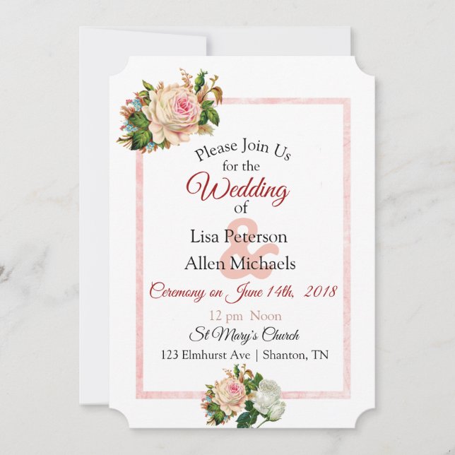 Invitación a la boda con flores rosadas Rosa de Ru (Anverso)