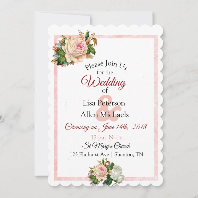 Invitación a la boda con flores rosadas Rosa de Ru (Anverso)