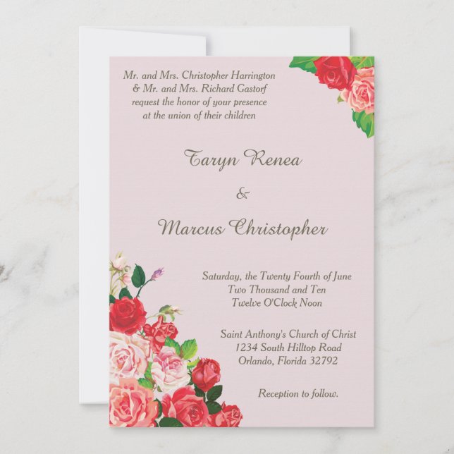 Invitación a la boda con flores rosas rosas y roja (Anverso)
