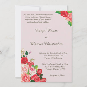Invitación a la boda con flores rosas rosas y roja