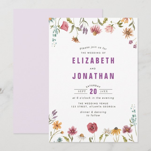 invitación a la boda con flores silvestres (Anverso / Reverso)
