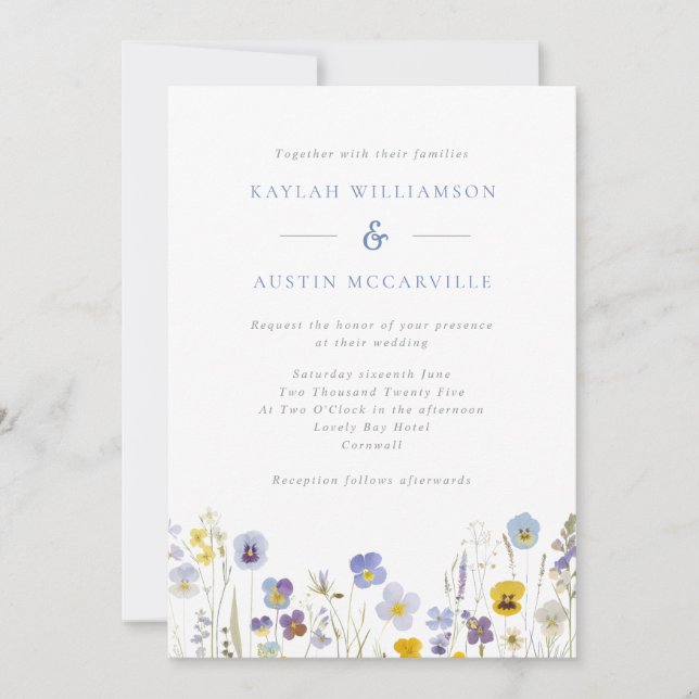 Invitación a la boda con flores silvestres azules  (Anverso)