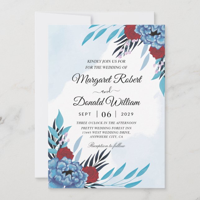 invitación a la boda con flores y marrón turquesa (Anverso)