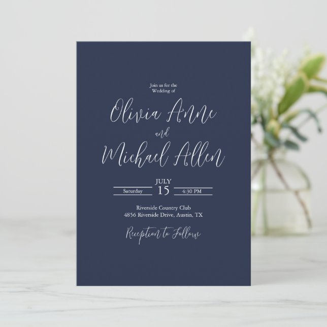 Invitación a la boda con guiones elegantes y azule (Anverso de pie)