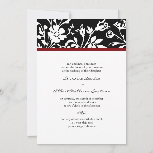 Invitación a la boda con la flor blanca y negra (Anverso)
